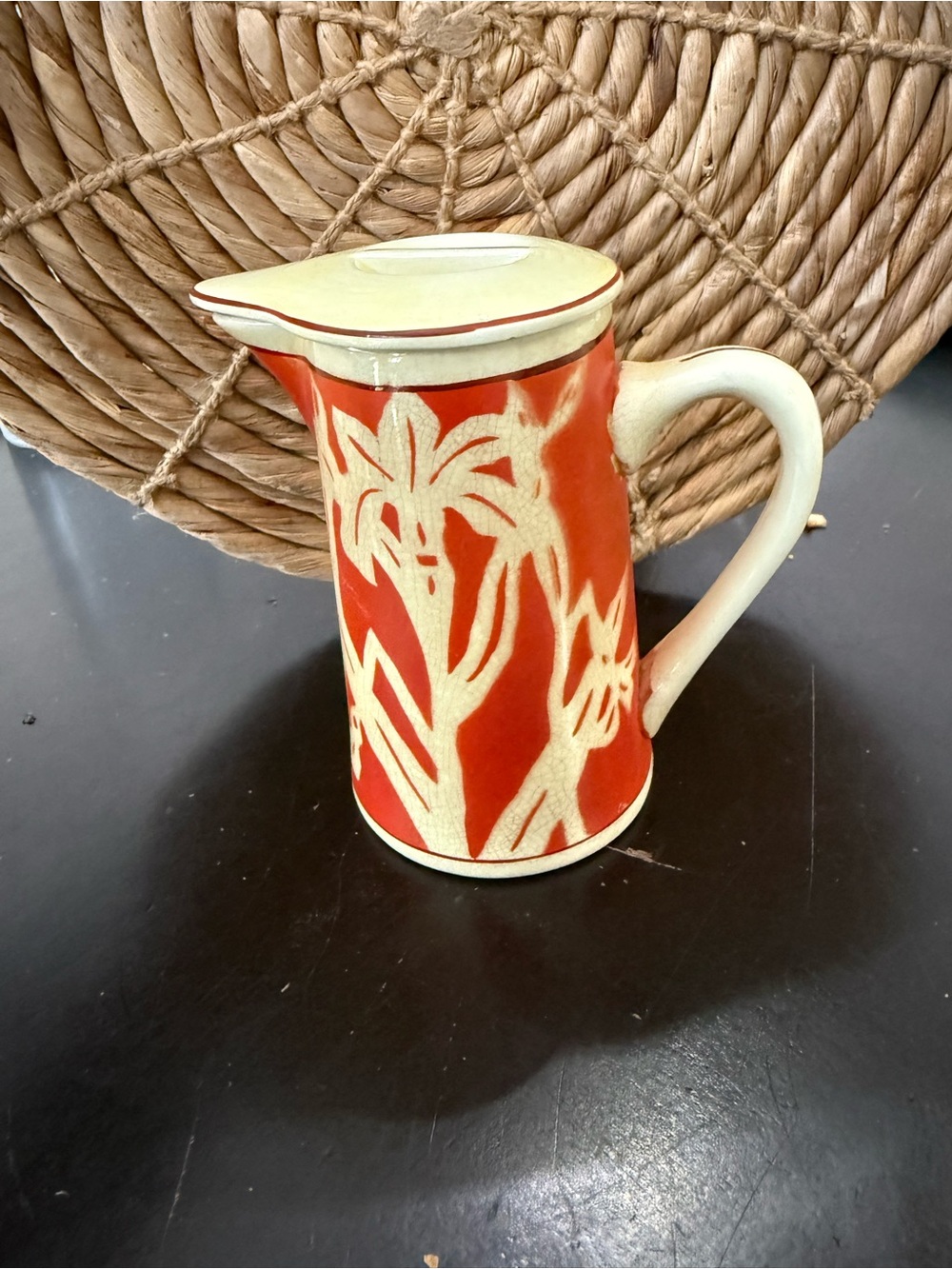 Vintage Art Deco pitcher  IL DUCE  stenciled  red orange Iris floral READ